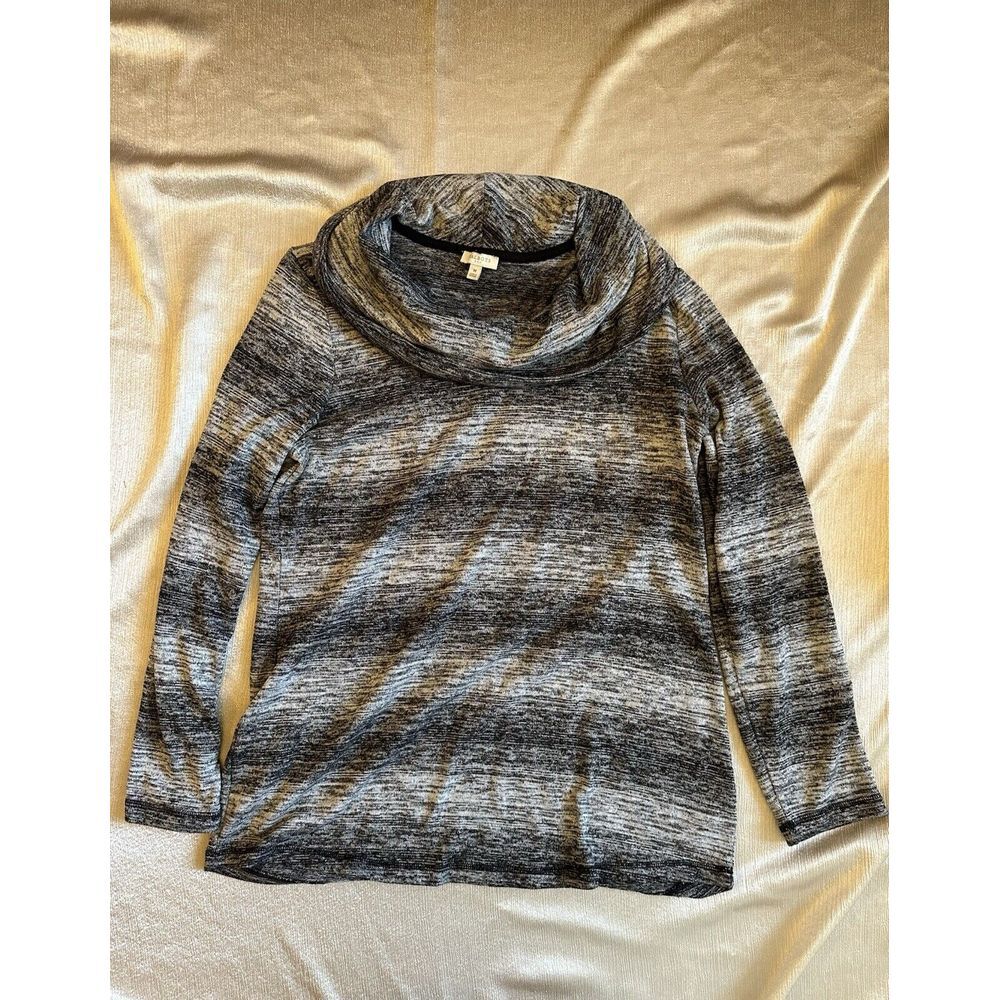 Talbots Sweater Womens Sz Medium Cowl Neck Pullover‎ Black Gray Heather Stripe